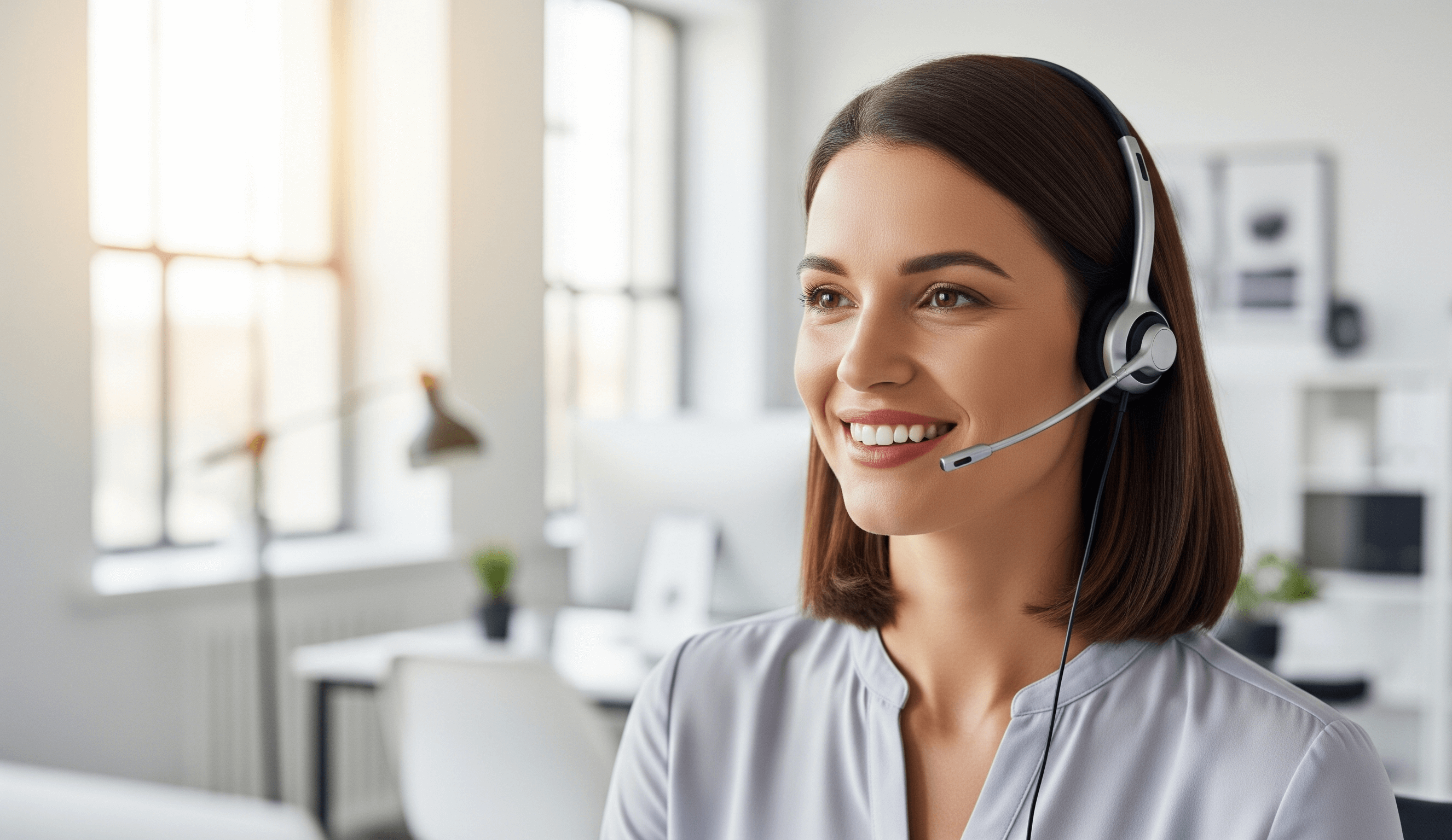 A professional receptionist smiling while talking on a headset.